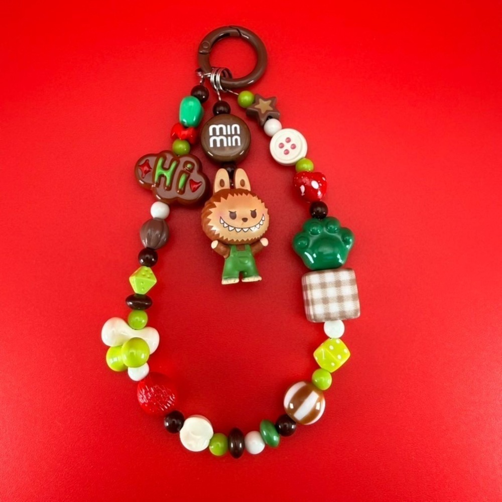 POP MART Character Phone Wristlet Charm Green‎ Brown Beaded Keychain Handmade